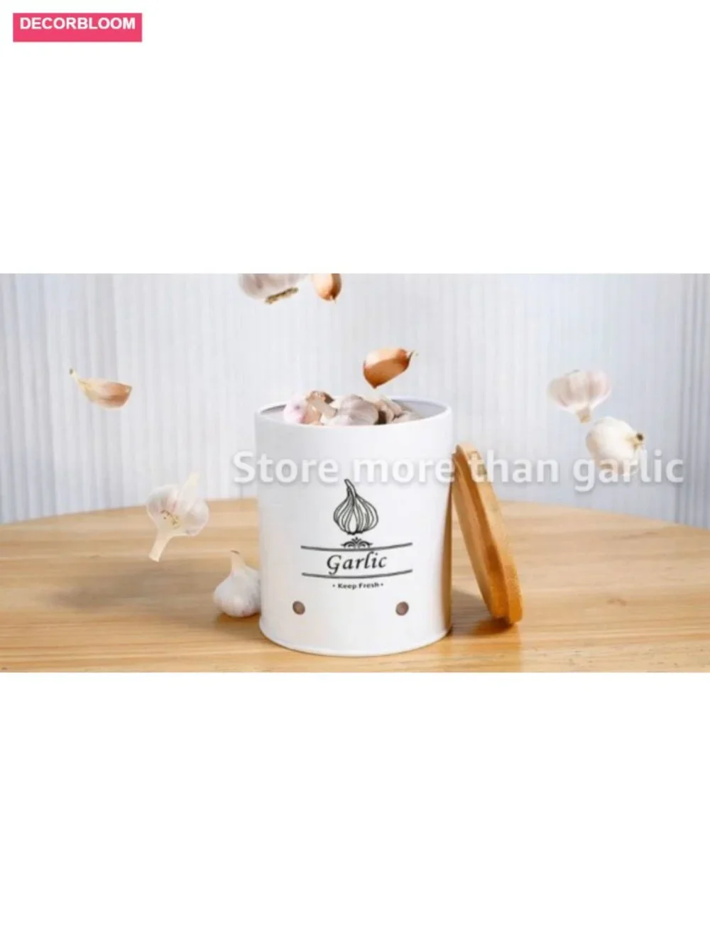 Large Ceramic Garlic Keeper with Wood Lid, Ventilated Garlic Storage Box, 2.3L